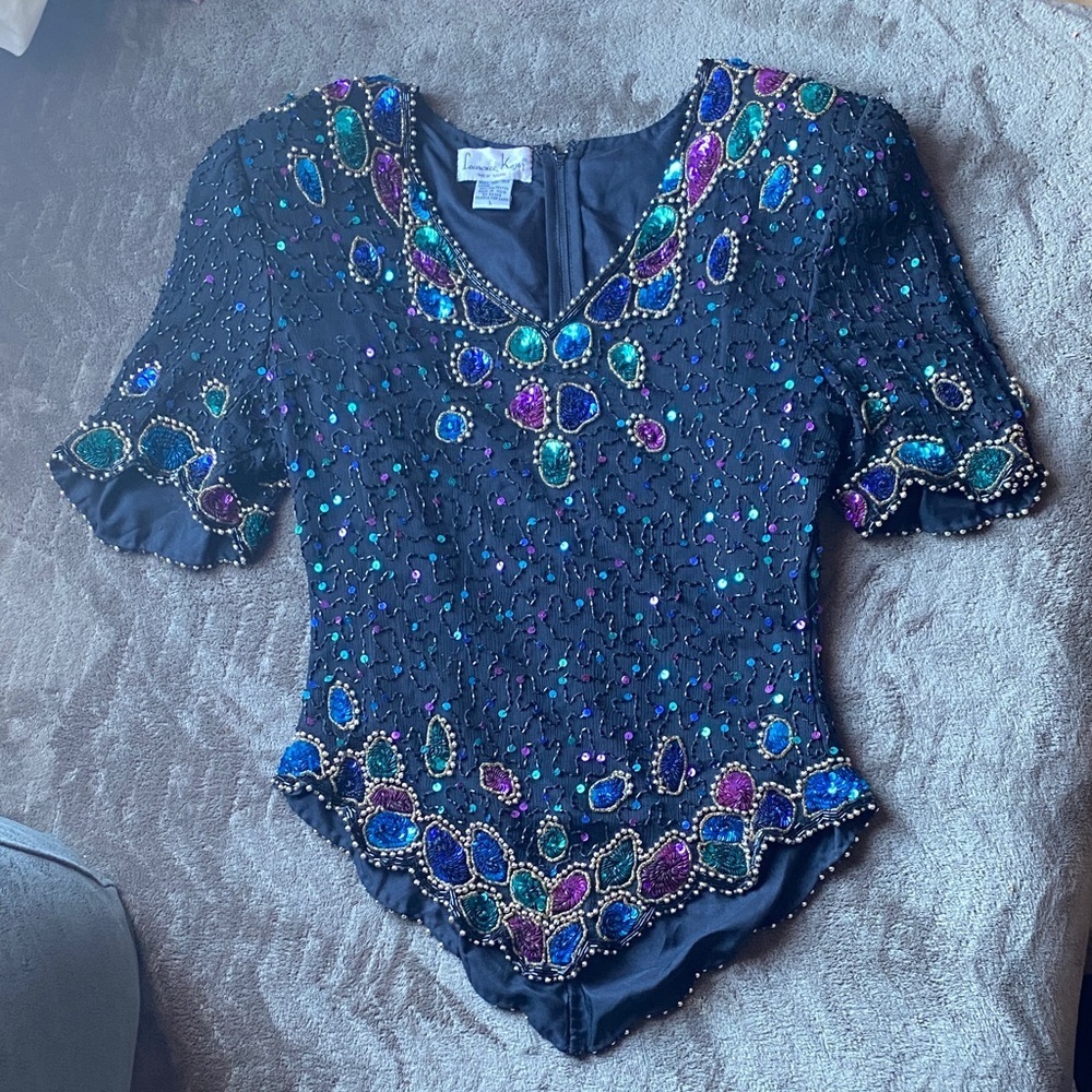 Laurence Kazar Black Blouse with Jewel Embellishments
